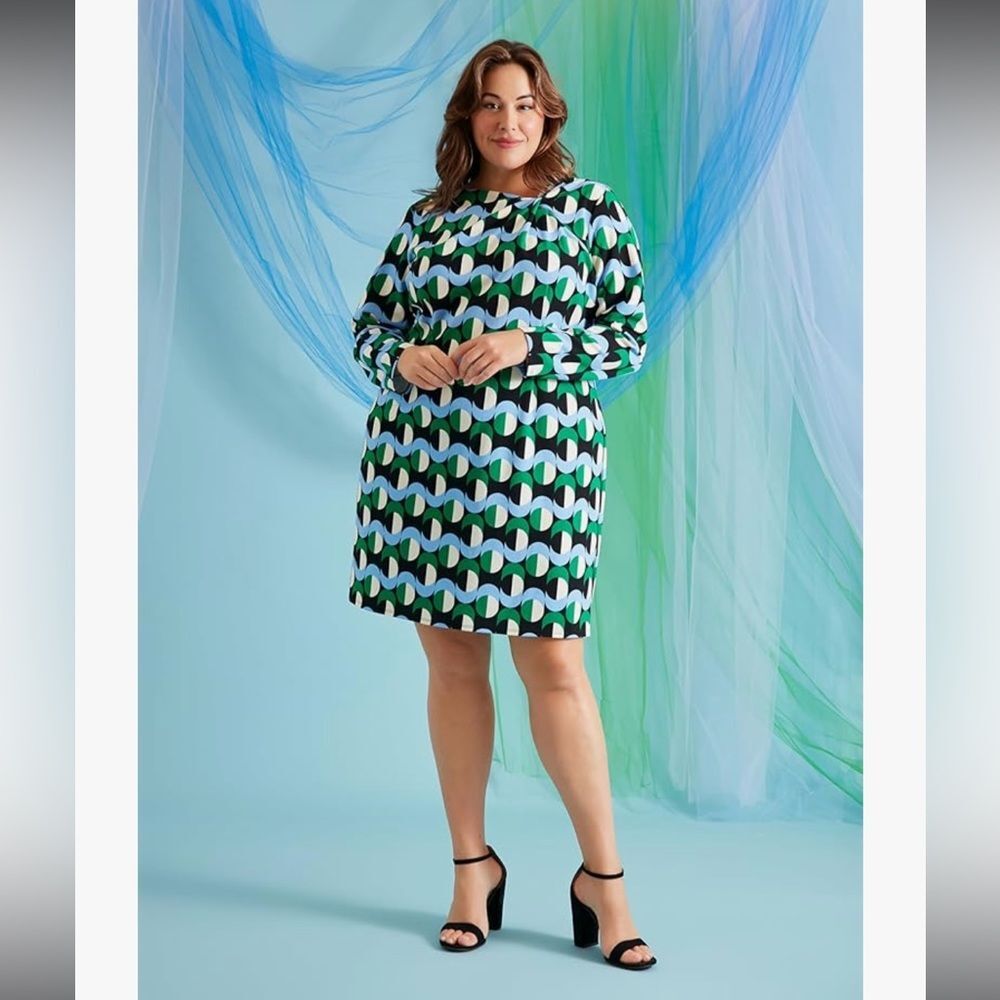 NWT London Times Geo Print Long Sleeve Shift Dress Plus Size 22W